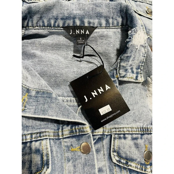 J.NNA Women's Distressed Denim Jean Jacket Small Flower Patch Beads Sequins - Picture 8 of 14